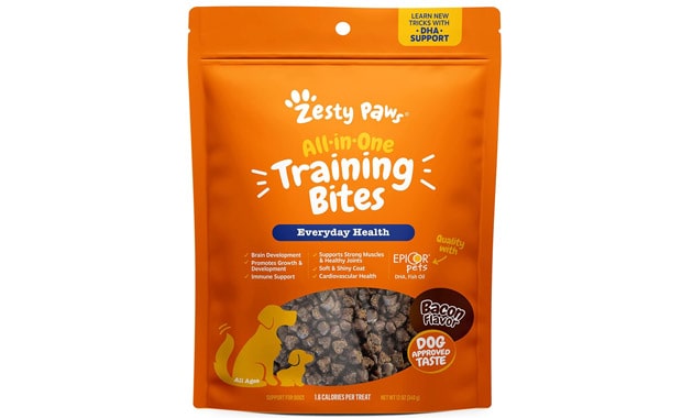 Zesty Paws Training Treats for Dogs & Puppies - Hip, Joint & Muscle Health - Immune, Brain, Heart, Skin & Coat Support - Bites with Fish Oil Omega 3 Fatty Acids with EPA & DHA - Bacon Flavor 