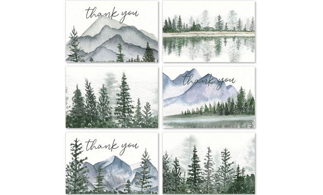 AnyDesign 36 Pack Watercolor Forest Thank You Cards Mountains Landscape Greeting Cards with Envelopes Stickers Mountain Forest Blank Note Cards for Birthday Wedding Baby Shower, 4 x 6 Inch