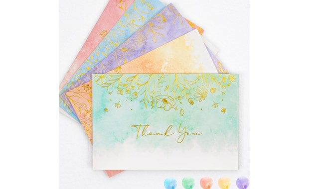 Crisky 50 Pack Watercolor Thank You Cards with Envelopes and Stickers Set 5 assorted Gold Foiled Greeting Note Cards for Wedding, Baby Shower,Bridal Shower, Graduation, Business