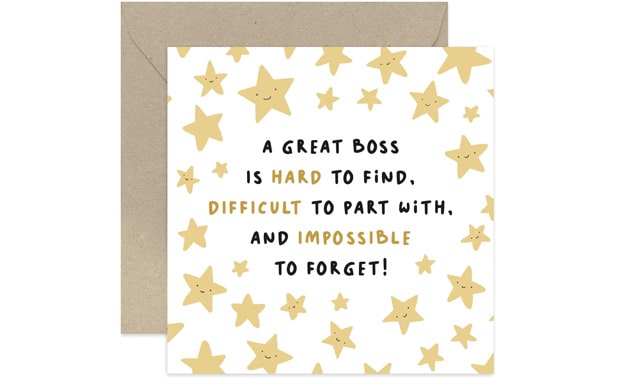 Old English Co. Fun Stars Leaving Card for Boss - 'Impossible To Forget' Leaving Card for Him or Her from Work Team - Thank You Good Luck Retirement Card for Boss | Blank Inside with Envelope