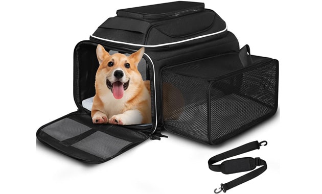 Petskd Top and Side Expandable Pet Carrier 17x13x9.5 Inches Southwest Airline Approved, Soft-Sided Carrier for Small Cats and Dogs with Locking Safety Zippers and Anti-Scratch Mesh(Black)